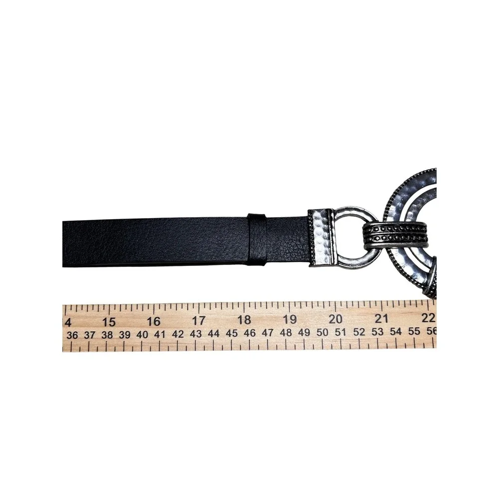 Chicos Black Genuine Leather Medallion Belt Silver Hammered Buckle AdjustableS/M